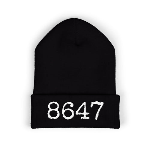 8647 Winter Hat - Black Embroidered Beanie with White Text