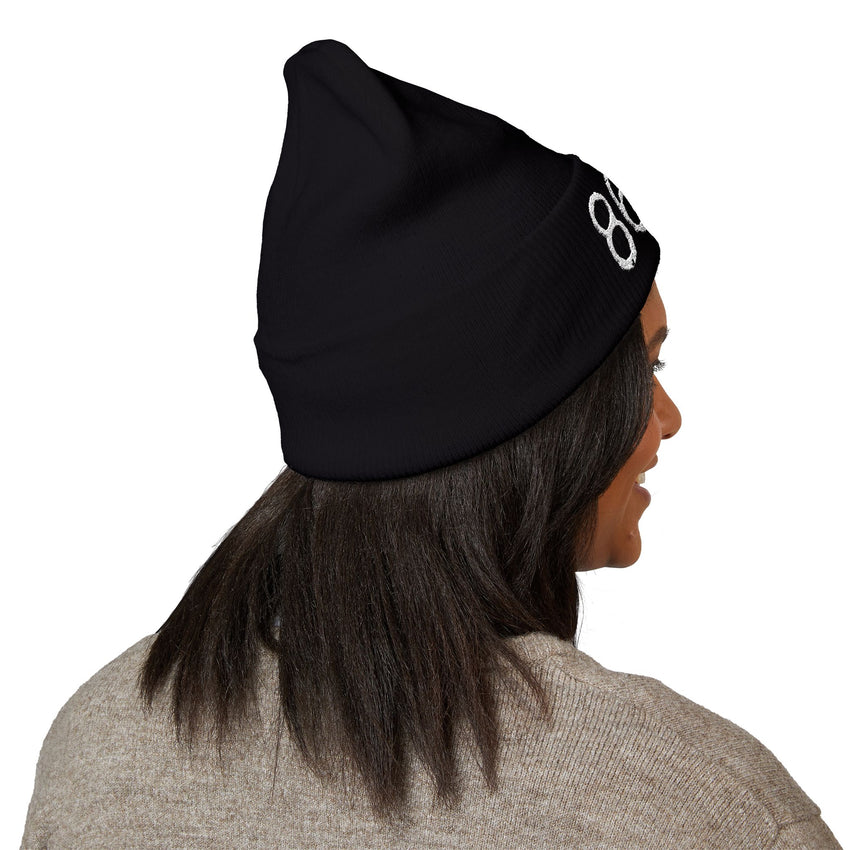 8647 Winter Hat - Black Embroidered Beanie with White Text