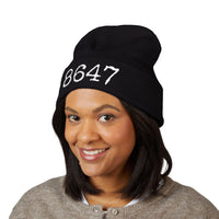8647 Winter Hat - Black Embroidered Beanie with White Text